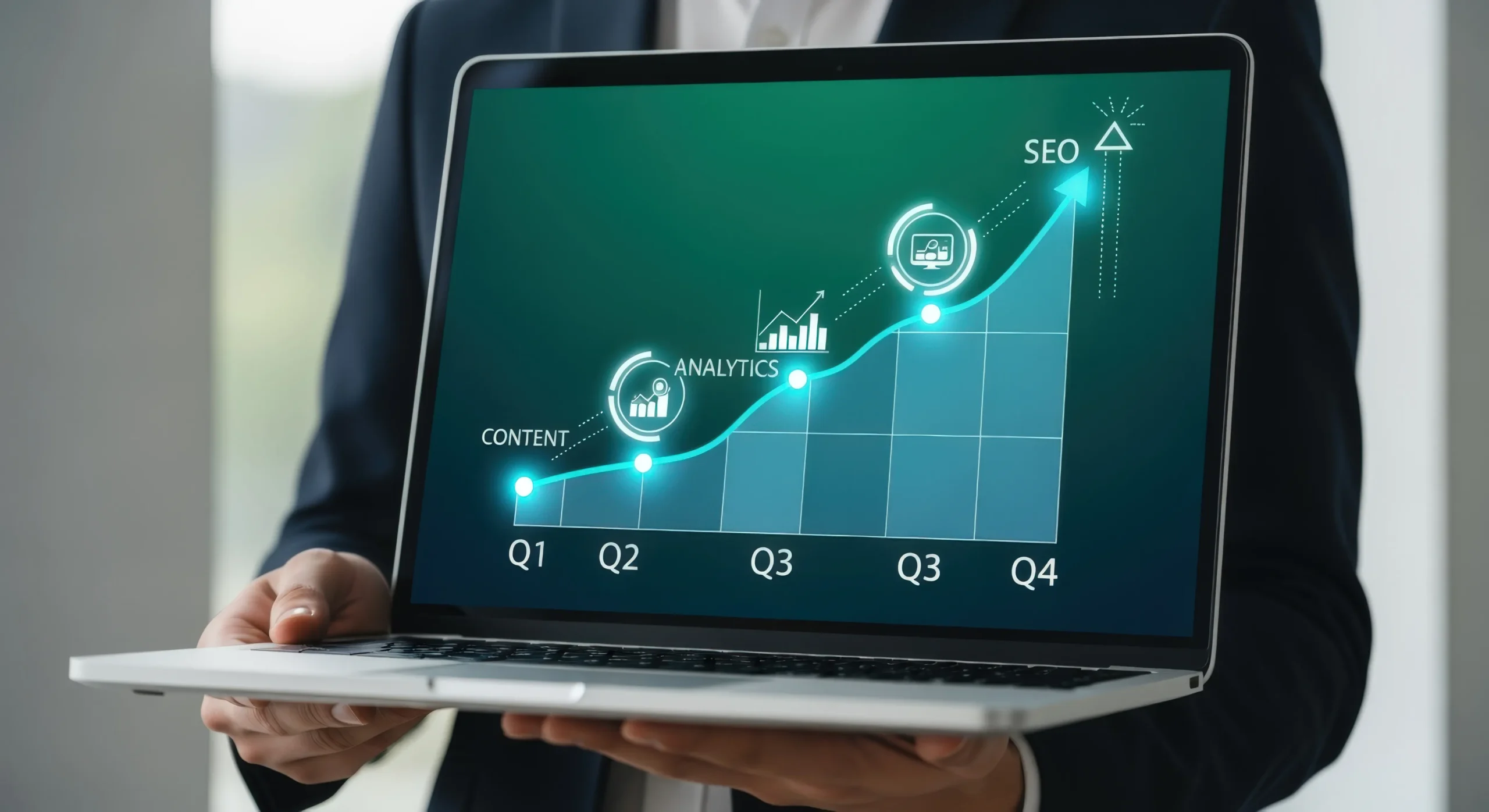 SEO Wachstum mit steigender Performance und Analytics auf einem Laptop