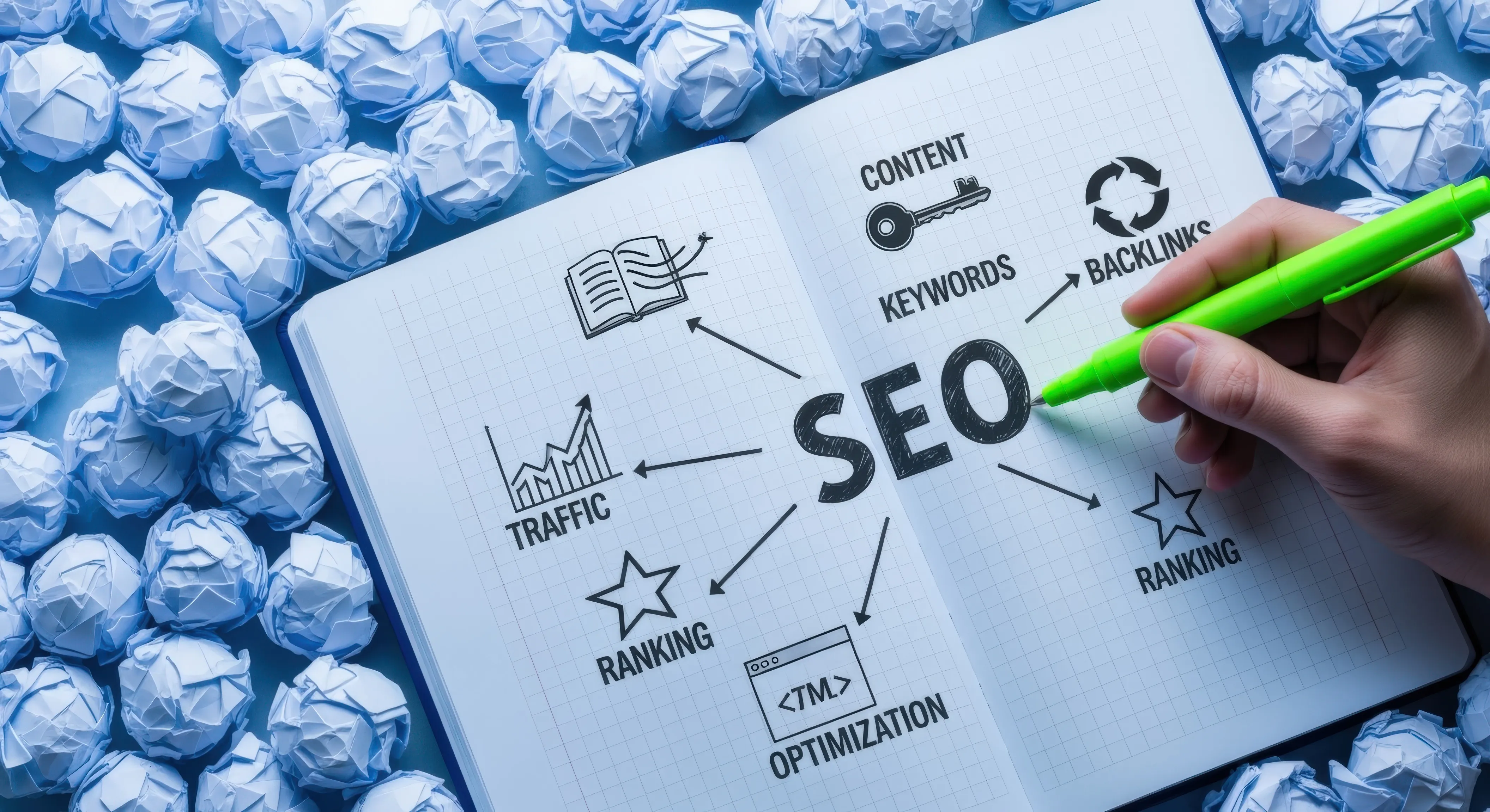SEO Strategie mit Keywords Content Backlinks Traffic und Rankings