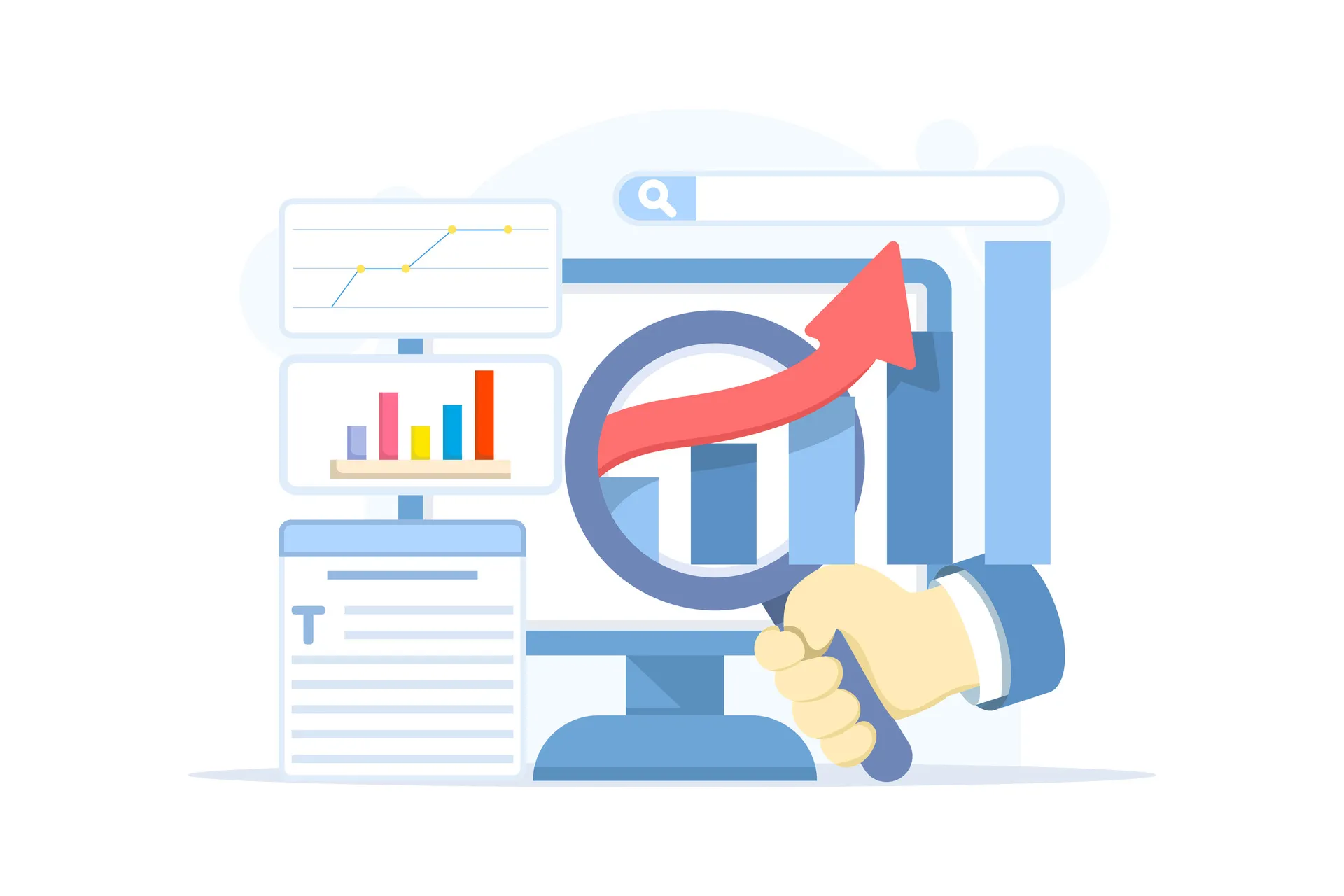SEO-Analyse mit Suchdaten, Diagrammen und steigenden Ranking-Werten